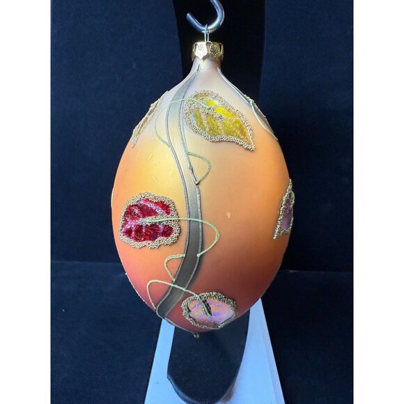 Hand-Painted Large 7" Glass Ornament With Beaded Leaf Design Autumn Colors - Picture 4 of 11